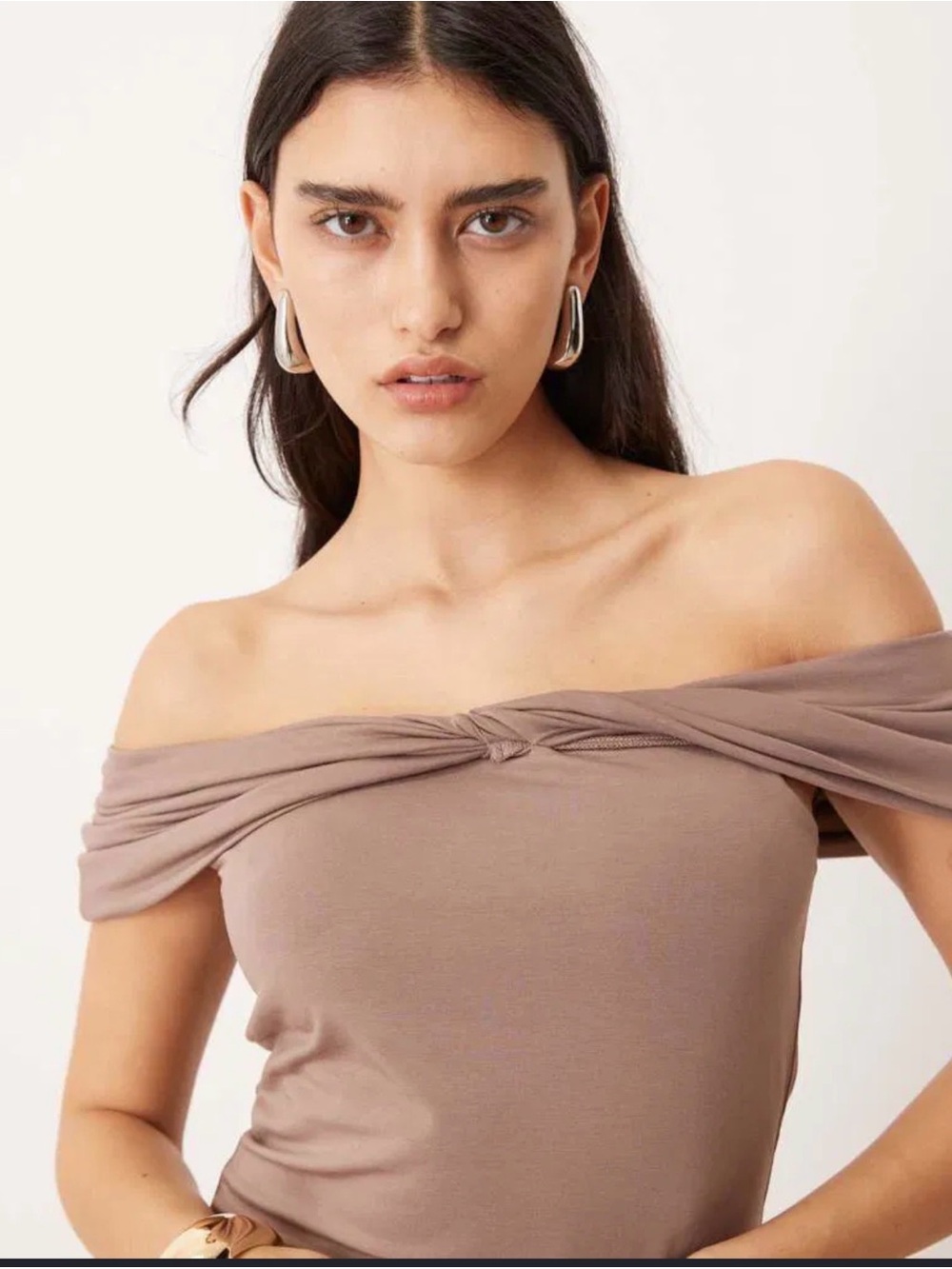 NWT Abercrombie & Fitch Asymmetric Twist Off Shoulder Top in Deep Taupe